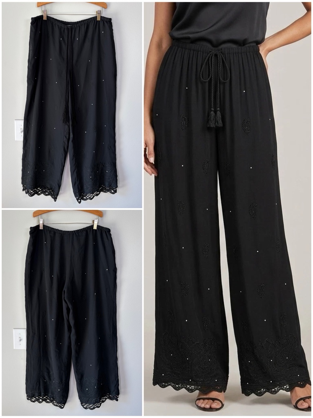 Soft Surroundings Black Embroidered Rhinestone Palazzo Wide Leg Pants